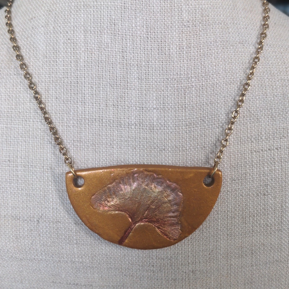 New Unique Ginko Leaf Pendant , Glowing Gold Hue, Adjustable Chain